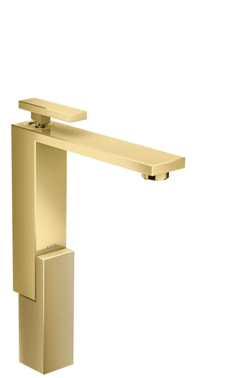 Einhebel-Waschtischmischer in Polished Gold Optic von AXOR, mit rechteckigem Griff und quadratischem Auslauf, für Aufsatzwaschtische.